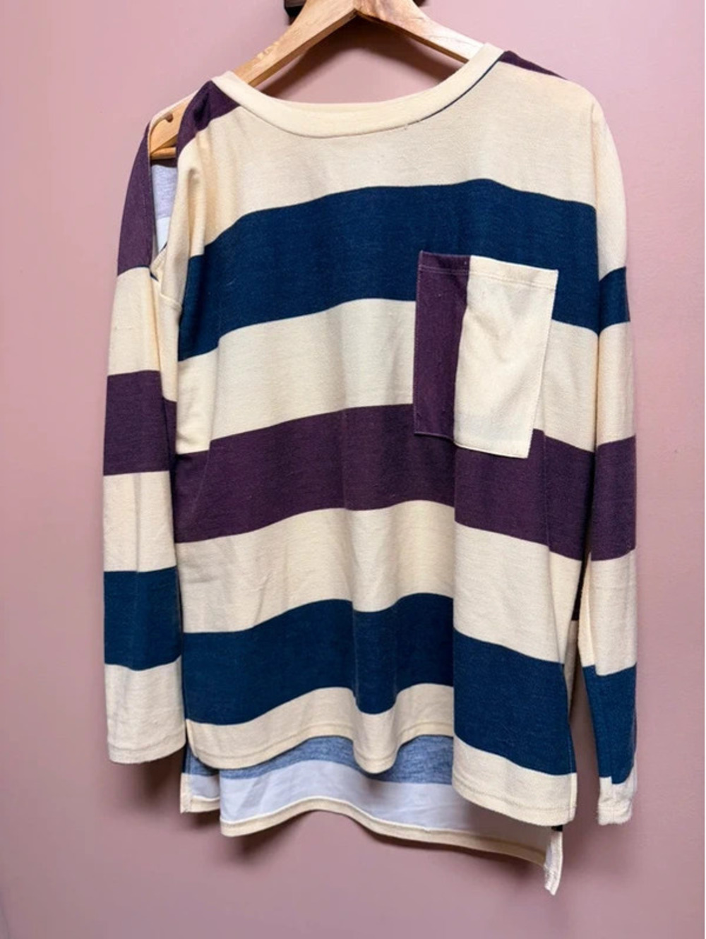 Hopely Boho Oversized Striped Long Sleeve Tee Pocket Top